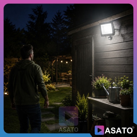 Halogen LED 100W z Czujnikiem Ruchu i Zmierzchu na Kablu Naświetlacz Zewnętrzny IP65 do Ogrodu i Elewacji ASATO®