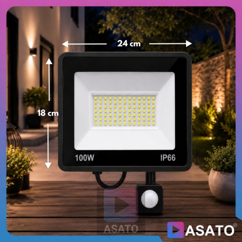 Halogen LED 100W z Czujnikiem Ruchu i Zmierzchu na Kablu Naświetlacz Zewnętrzny IP65 do Ogrodu i Elewacji ASATO®