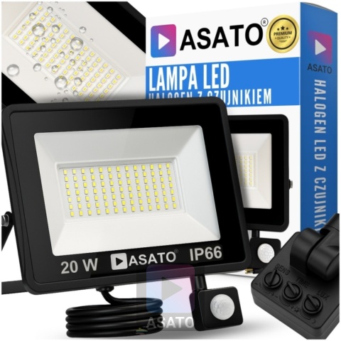 Halogen Naświetlacz LED 20W z Czujnikiem Ruchu i Zmierzchu na Kablu Naświetlacz Zewnętrzny IP65 do Ogrodu i Elewacji ASATO®