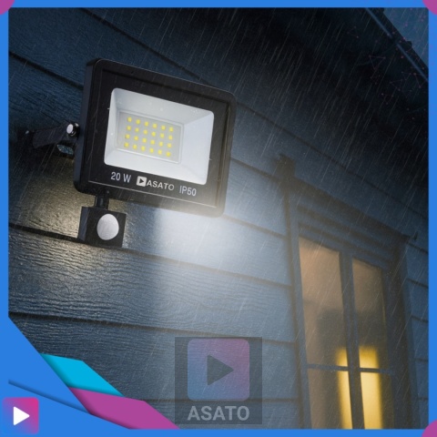 Halogen Naświetlacz LED 20W z Czujnikiem Ruchu i Zmierzchu na Kablu Naświetlacz Zewnętrzny IP65 do Ogrodu i Elewacji ASATO®