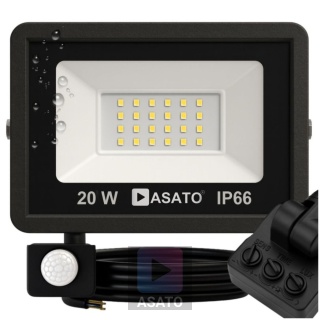 Halogen Naświetlacz LED 20W z Czujnikiem Ruchu i Zmierzchu na Kablu Naświetlacz Zewnętrzny IP65 do Ogrodu i Elewacji ASATO®