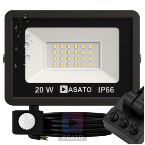Halogen Naświetlacz LED 20W z Czujnikiem Ruchu i Zmierzchu na Kablu Naświetlacz Zewnętrzny IP65 do Ogrodu i Elewacji ASATO®