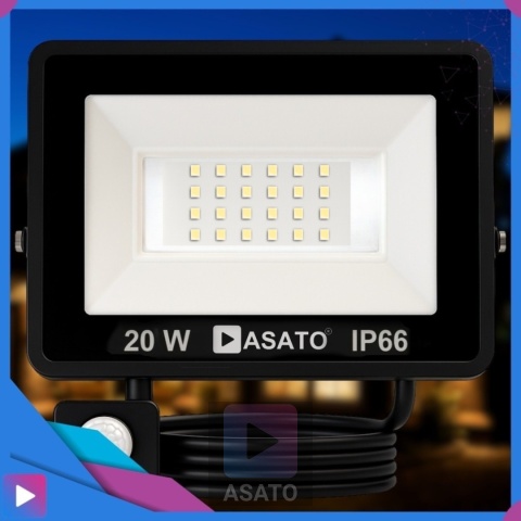 Halogen Naświetlacz LED 20W z Czujnikiem Ruchu i Zmierzchu na Kablu Naświetlacz Zewnętrzny IP65 do Ogrodu i Elewacji ASATO®