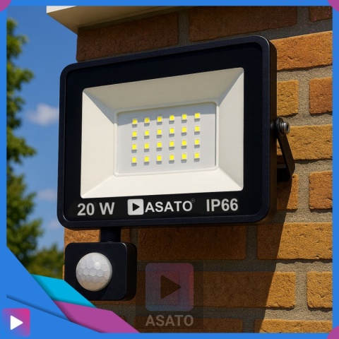 Halogen Naświetlacz LED 20W z Czujnikiem Ruchu i Zmierzchu na Kablu Naświetlacz Zewnętrzny IP65 do Ogrodu i Elewacji ASATO®