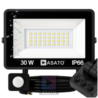 Halogen Naświetlacz LED 30W z Czujnikiem Ruchu i Zmierzchu na Kablu Naświetlacz Zewnętrzny IP65 do Ogrodu i Elewacji ASATO®