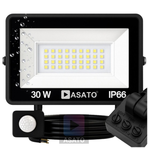 Halogen Naświetlacz LED 30W z Czujnikiem Ruchu i Zmierzchu na Kablu Naświetlacz Zewnętrzny IP65 do Ogrodu i Elewacji ASATO®