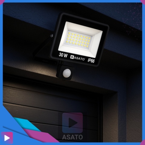 Halogen Naświetlacz LED 30W z Czujnikiem Ruchu i Zmierzchu na Kablu Naświetlacz Zewnętrzny IP65 do Ogrodu i Elewacji ASATO®