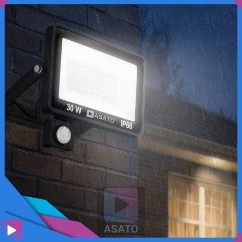 Halogen Naświetlacz LED 30W z Czujnikiem Ruchu i Zmierzchu na Kablu Naświetlacz Zewnętrzny IP65 do Ogrodu i Elewacji ASATO®