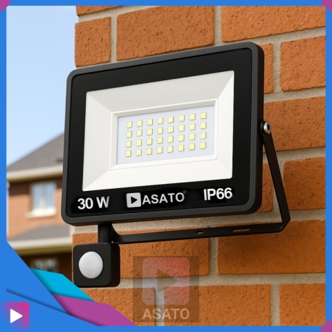 Halogen Naświetlacz LED 30W z Czujnikiem Ruchu i Zmierzchu na Kablu Naświetlacz Zewnętrzny IP65 do Ogrodu i Elewacji ASATO®