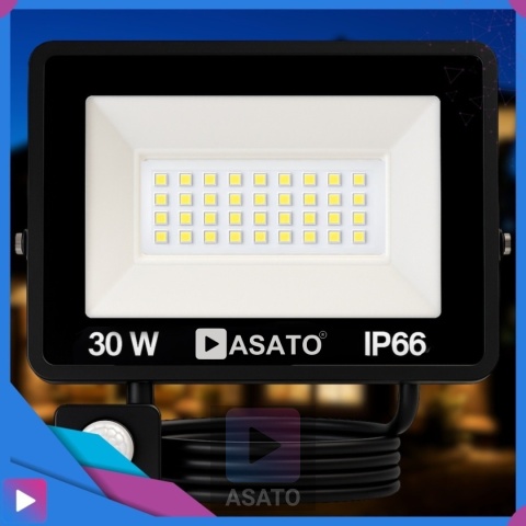 Halogen Naświetlacz LED 30W z Czujnikiem Ruchu i Zmierzchu na Kablu Naświetlacz Zewnętrzny IP65 do Ogrodu i Elewacji ASATO®