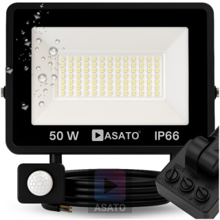 Halogen Naświetlacz LED 50W z Czujnikiem Ruchu i Zmierzchu na Kablu Naświetlacz Zewnętrzny IP65 do Ogrodu i Elewacji ASATO®