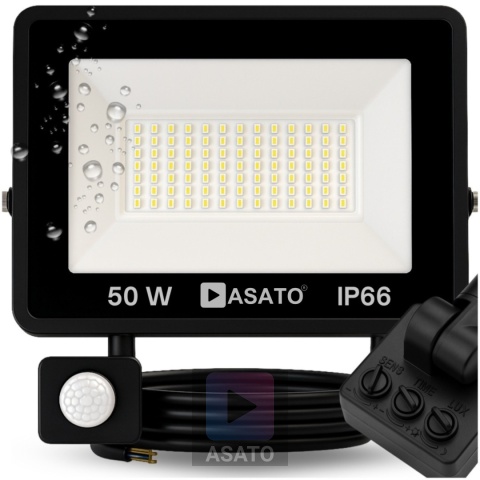Halogen Naświetlacz LED 50W z Czujnikiem Ruchu i Zmierzchu na Kablu Naświetlacz Zewnętrzny IP65 do Ogrodu i Elewacji ASATO®