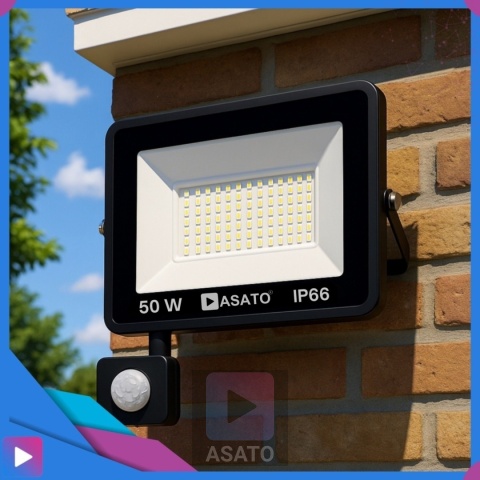 Halogen Naświetlacz LED 50W z Czujnikiem Ruchu i Zmierzchu na Kablu Naświetlacz Zewnętrzny IP65 do Ogrodu i Elewacji ASATO®