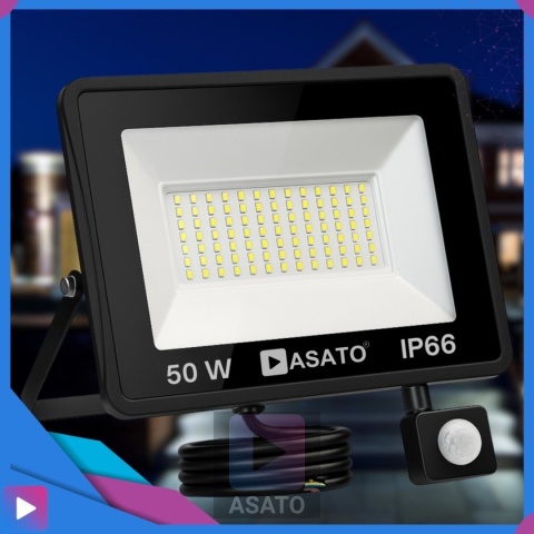 Halogen Naświetlacz LED 50W z Czujnikiem Ruchu i Zmierzchu na Kablu Naświetlacz Zewnętrzny IP65 do Ogrodu i Elewacji ASATO®