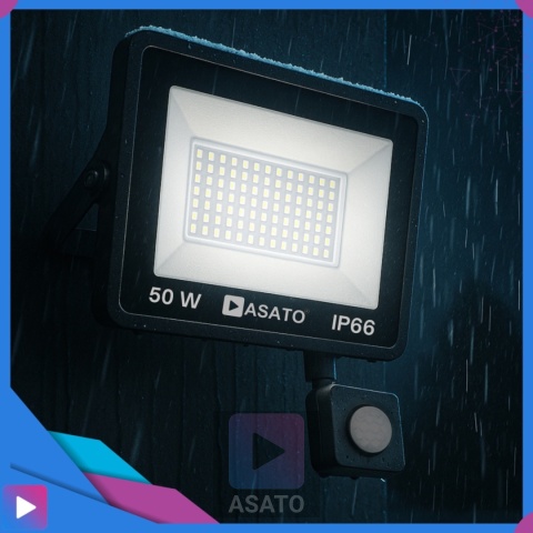 Halogen Naświetlacz LED 50W z Czujnikiem Ruchu i Zmierzchu na Kablu Naświetlacz Zewnętrzny IP65 do Ogrodu i Elewacji ASATO®