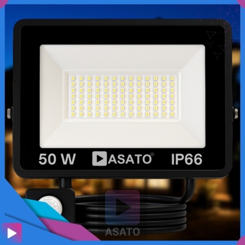 Halogen Naświetlacz LED 50W z Czujnikiem Ruchu i Zmierzchu na Kablu Naświetlacz Zewnętrzny IP65 do Ogrodu i Elewacji ASATO®