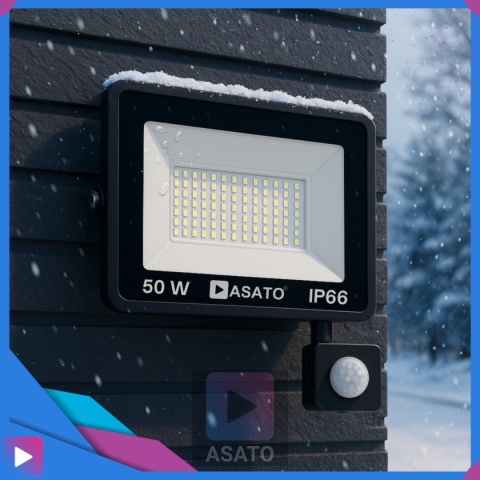 Halogen Naświetlacz LED 50W z Czujnikiem Ruchu i Zmierzchu na Kablu Naświetlacz Zewnętrzny IP65 do Ogrodu i Elewacji ASATO®