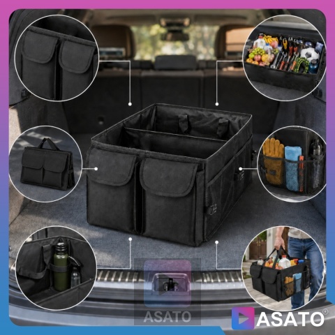 Torba Organizer Do Bagażnika do Samochodu ASATO® - 3 Przegrody Usztywniane - Składany - 54x38x25,5cm