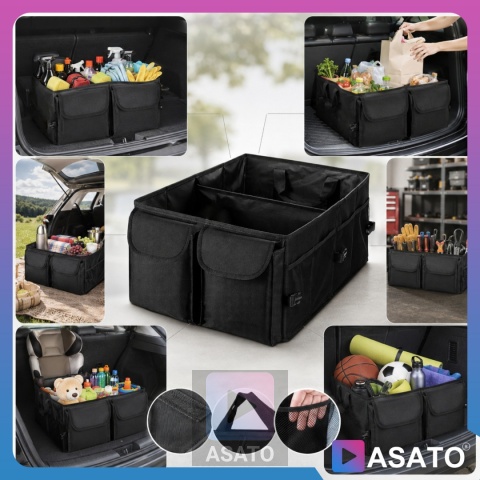 Torba Organizer Do Bagażnika do Samochodu ASATO® - 3 Przegrody Usztywniane - Składany - 54x38x25,5cm